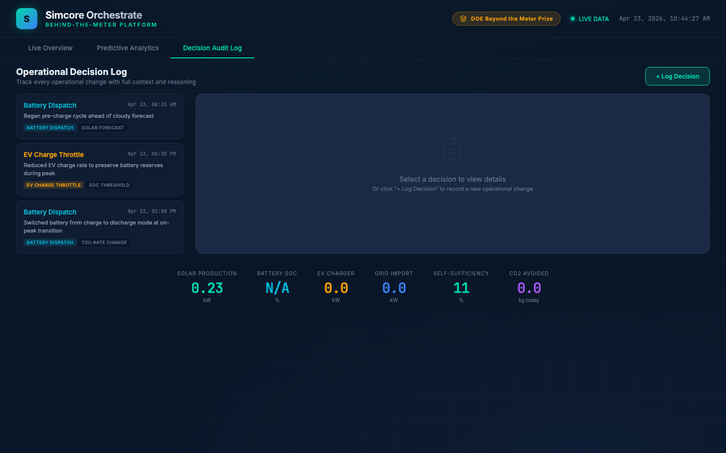 Simcore Cortex AI — Decision Audit Log showing battery dispatch and EV charge throttle decisions with full context and reasoning